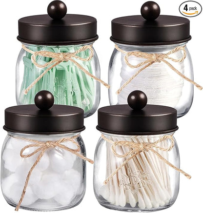 SheeChung 4 Pack Apothecary Jars with Lids, Bathroom Organizers and Storage, Qtip Holders Set, Bathroom Decor, Small Mason Jars for Q-tips, Cottons, Floss, Balls, Cotton Swabs-Bronze