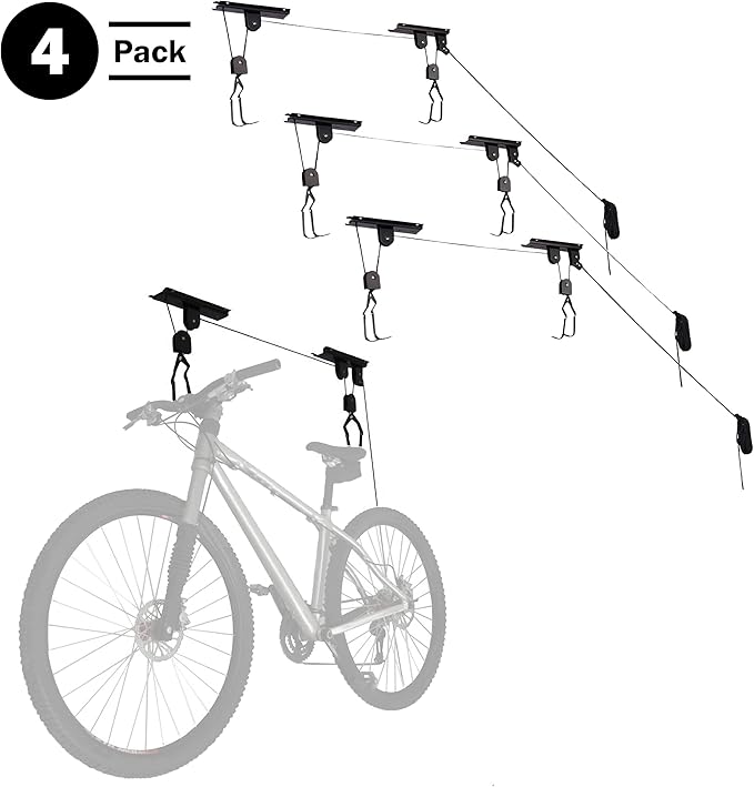 Set of 4 Bike Hangers for Garage - Hoist Pulley System with 100lb Capacity - Overhead Ceiling Storage for Bicycles or Ladders by RAD Sportz