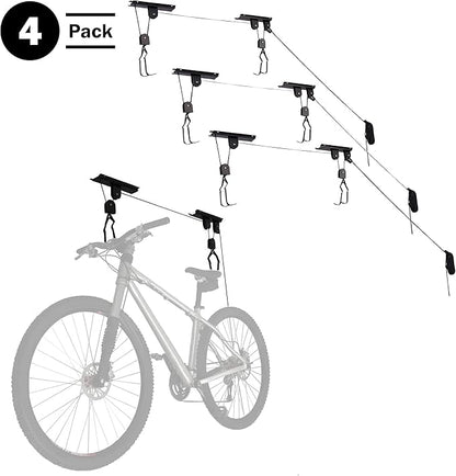 Set of 4 Bike Hangers for Garage - Hoist Pulley System with 100lb Capacity - Overhead Ceiling Storage for Bicycles or Ladders by RAD Sportz