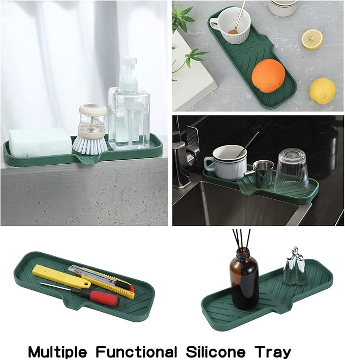 MicoYang Silicone Bathroom Soap Dishes with Drain Spout-Bathroom and Kitchen Sink Organizer,Sponge Holder,Dish Soap Tray,Perfect for Dispenser,Scrubber,Bottle,Cup on Sink or Counter-Green 12"×4"