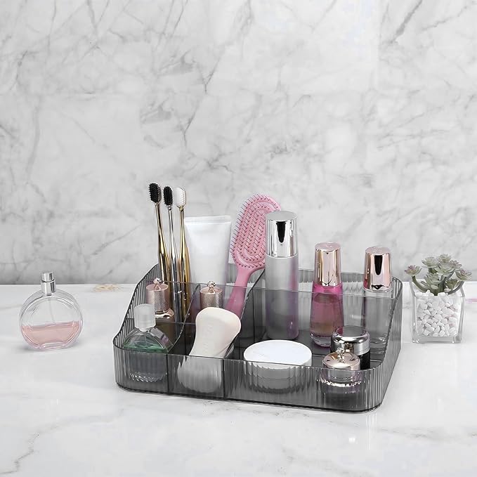 DASITON Large Capacity Makeup Brush Holder, 7 Slot Makeup Brush Cup, Vintage Striped Make Up Brush Holder, Makeup Tray Organizer for Vanity Decor, Bathroom Countertops, Desk Storage Container (Grey)