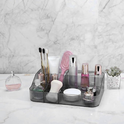 DASITON Large Capacity Makeup Brush Holder, 7 Slot Makeup Brush Cup, Vintage Striped Make Up Brush Holder, Makeup Tray Organizer for Vanity Decor, Bathroom Countertops, Desk Storage Container (Grey)