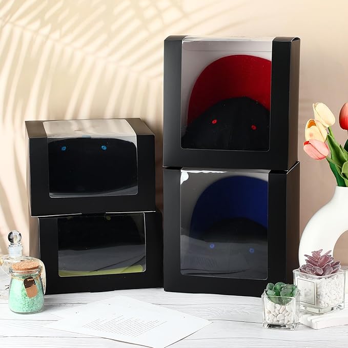 Gilprop 20 Pcs Hat Boxes for Men Black Gift Boxes with Window Display Box for Hat Storage Container for Baseball Caps, Dad Hat, Billed Cap, Snapbacks, Paper Fold Box Packing Box 8.1 x 8.1 x 5.1