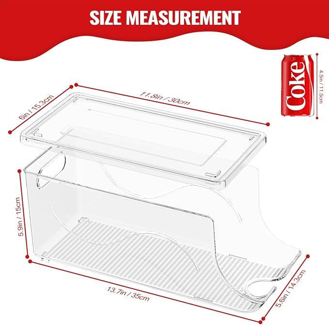 SCAVATA 2 Pack Stackable Refrigerator Organizer, Soda Can Dispenser Pop Cans Container Beverage Holder with Lid for Fridge, Freezer, Kitchen, Clear Plastic Storage Bins-Holds 10 Cans Each