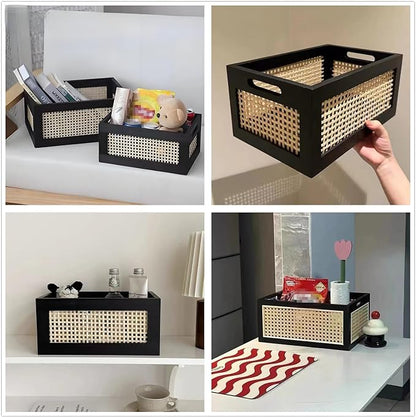 Storage Basket, Wooden Bamboo Weaving Storage Basket Hand-Woven Desktop Storage Bins for Toys, Snacks, Office/Home Supplies, Cosmetics, etc. (S)