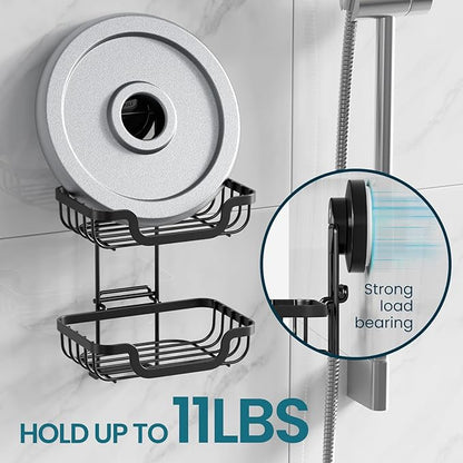 TAILI Double Layer Soap Holder, Drill-Free Bar Soap Dish Tray Suction Cup, Draining for Shower Wall, Bath Storage, Rustproof Stainless Steel Sponge Holder for Tub, Kitchen, Black