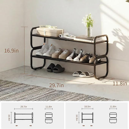 2 Tier Shoe Rack - Expandable Shoe Organizer for Closet, Adjustable Metal Shoe Shelf Storage, Stackable Long Shoe Stand Holder for Garage, Entryway, Door Entrance