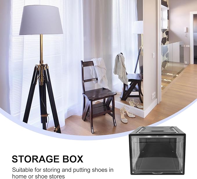 Happyyami Large Sneaker Storage Box with Clamshell Lid, Stackable Shoe Organizer Case for Men and Women, Black Snap Closure Display Shoe Cabinet for Home Closet