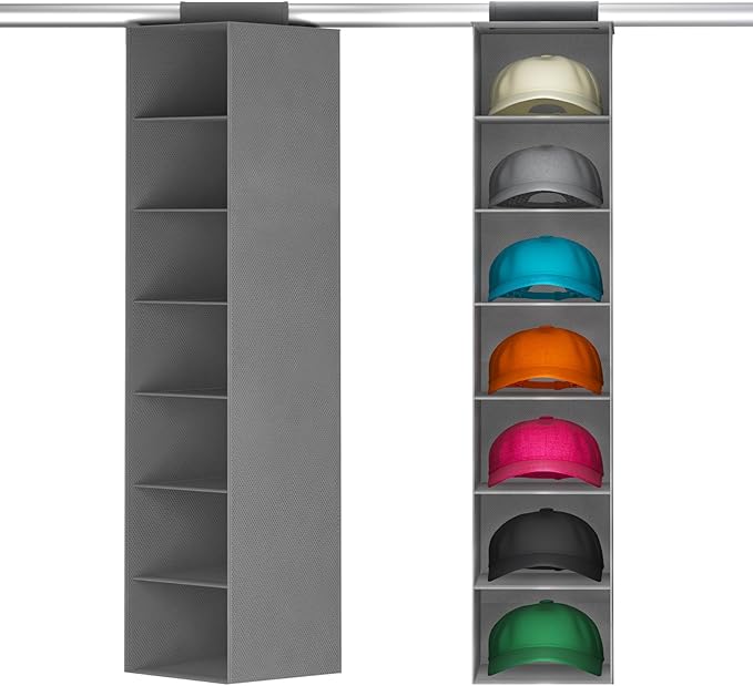 Lifewit Hat Organizer for Baseball Caps, Hat Rack Hanging Storage, Non-Woven Fabric Display Shelf Holds Up to 40 Hats, Cap Holder Hanger for Closet, Bedroom, 7 Compartments, Gray, 1 Pack