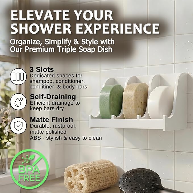Soap Holder for Shower Wall, 3-Compartment Soap Dish for Shampoo, Conditioner and Body Soap, Fast Draining & Rust-Proof & Heavy Duty, Ultra-Strong Self Adhesive & Freestanding (White, No Label)