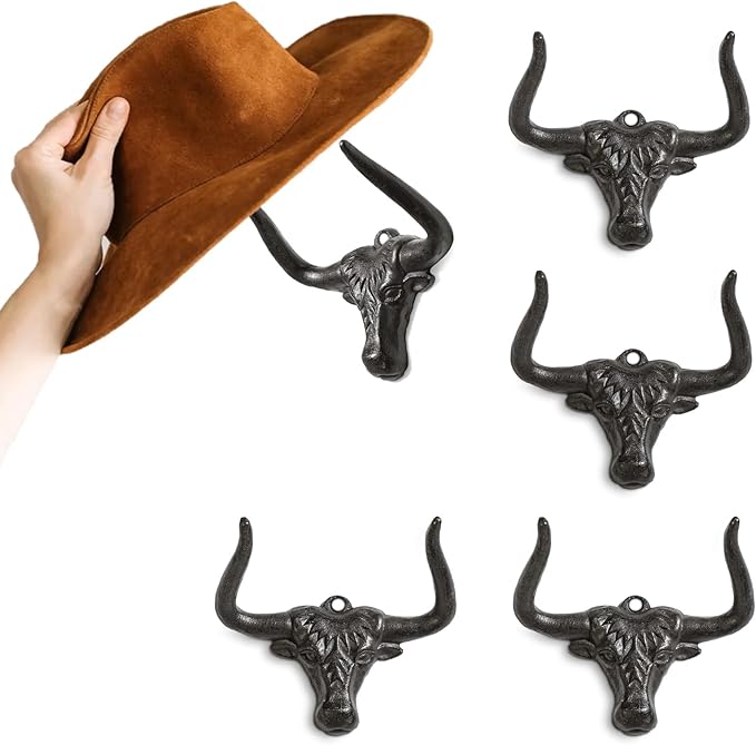 Cowboy Hat Rack for Wall 4 Pack Modern Metal Cowboy Hat Holder Cast Iron Cowgirl Hat Hanger Western Longhorn Hooks for Storage and Display for Closet Bedroom Living Room Rust