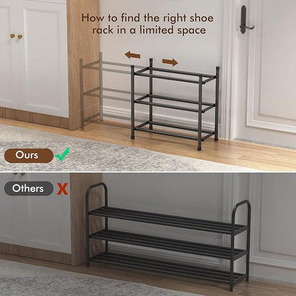 Uneviesyka Expandable Shoe Rack, 3 Tier Shoe Rack for Closet, Stackable Adjustable Standing Metal Shoe Shelf Organizer Storage, Small Shoe Racks for Front Door Entrance、Entryway(Black)