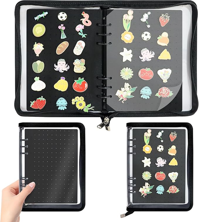 LIQALU Enamel Pin Display Book Pin Collection Binder Holder Trading Book with 8-Page Display Boards A5 Brooch Pin Storage Organizer Binder Album for Travel Collectors (Black)
