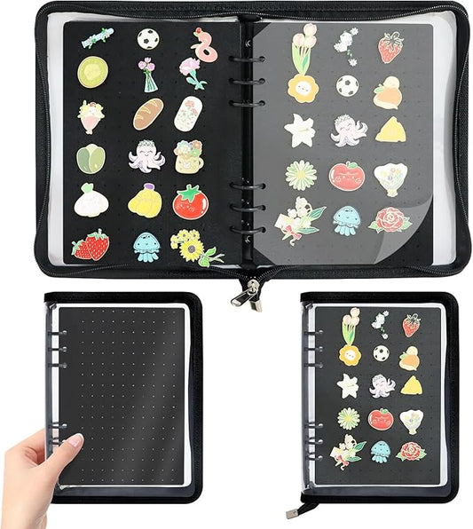 LIQALU Enamel Pin Display Book Pin Collection Binder Holder Trading Book with 8-Page Display Boards A5 Brooch Pin Storage Organizer Binder Album for Travel Collectors (Black)