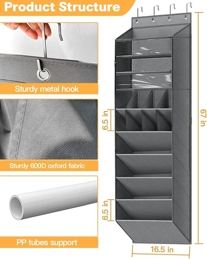 Over The Door Shoe Storage Organizer, 8 Tiers Hanging Shoe Rack Behind Door Shoe Holder with 6 Large Deep Pockets 8 Small Pockets, Narrow Shoe Rack for Closet Bedroom Bathroom Nursery RV Dorm, Grey