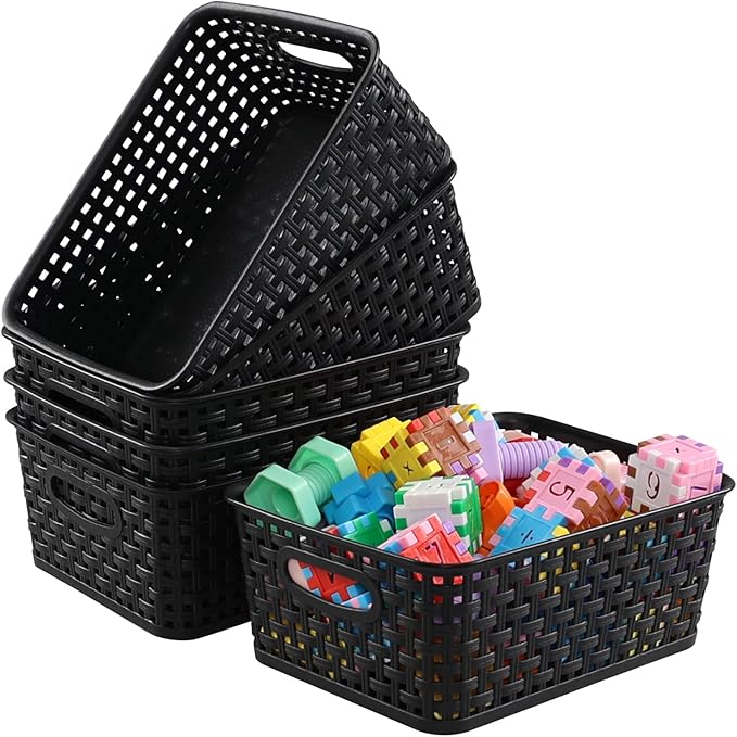 6 Pack Plastic Pantry Weave Storage Basket Bin, Black