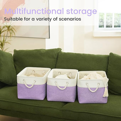 Large Storage Baskets- 15x11x10 inch Storage Bins for Shelves and Closet Organizing, Foldable Fabric Bin for Home Organization Clothes and Laundry (3-Pack, White&Purple)
