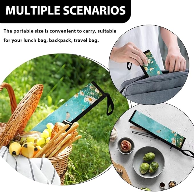 COEQINE Large Utensil Holder Case Fit 11.8X 2.7 Inch Fork Spoon Knife Organizer Countertop Leafproof Machine Washable Lightweight Portable Travel Accessories With Aqua Blue Daisy Flower Butterfly