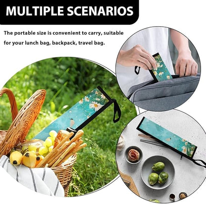 COEQINE Large Utensil Holder Case Fit 11.8X 2.7 Inch Fork Spoon Knife Organizer Countertop Leafproof Machine Washable Lightweight Portable Travel Accessories With Aqua Blue Daisy Flower Butterfly