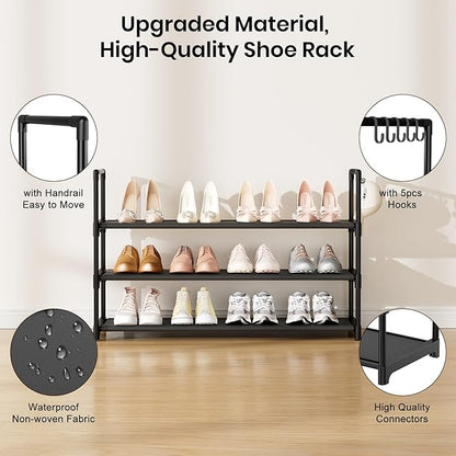 VILICK Shoe Rack for Closet Shoe Organizer Space Saver Storage for 12-15 Pair Shoe Shelf with Hook Free Standing 3 Tier Shoe Rack Organizer for Entryway, Small Spaces, Black