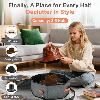 VZZNN 4 Pack Hat Storage Boxes, with Hardboard Support, Cowboy Hat Box for Travel & Home Organization, with 4 Door Hooks for Women & Men(Grey)