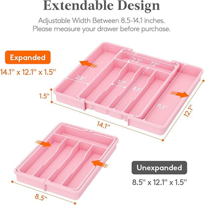 Lifewit Silverware Drawer Organizer, Expandable Utensil Tray for Kitchen, BPA Free Flatware and Cutlery Holder, Adjustable Plastic Storage for Spoons Forks Knives, 8.5"-14.1" x 12.1", Pink