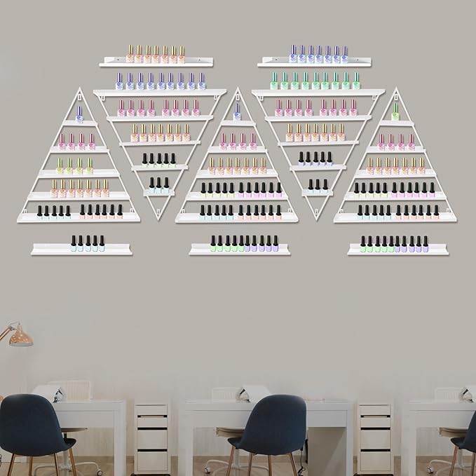 Metal Wall-Mounted Nail Polish Storage Racks, 5 Tiers Nail Polish Storage Racks, 10PCS Triangular Cosmetic Display Racks, Lipstick Perfume Wall Shelf for Spa Nail Salon Shop Home (White)