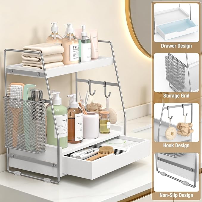 2 Tier Bathroom Counter Organizer Wood - Tiered Bathroom Countertop Shelf with Drawer, Removable Basket & 2 Hooks, Makeup Vanity Organizer for Skincare Perfume Toiletries, 13'' Silver