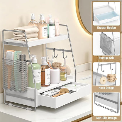 2 Tier Bathroom Counter Organizer Wood - Tiered Bathroom Countertop Shelf with Drawer, Removable Basket & 2 Hooks, Makeup Vanity Organizer for Skincare Perfume Toiletries, 13'' Silver