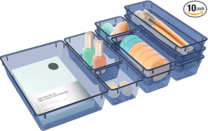 StorMiracle 10 PCS Drawer Organizer Set, 5 Varied Size Bathroom and kitchen Drawer cabinet organizer Trays, Clear Storage Bins for Makeup, Jewelry, Utensils and Gadgets, Dark Blue