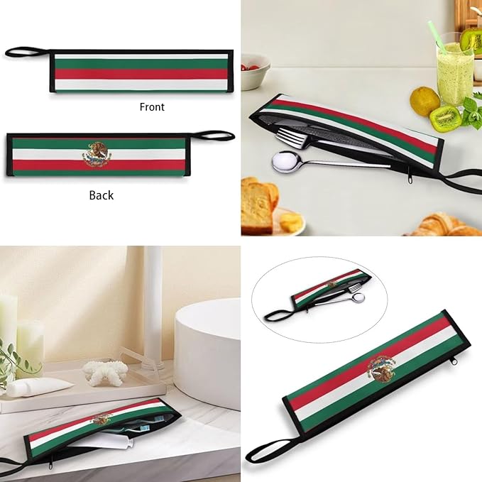 COEQINE Mexico Flag Themes Utensil Holder Case Fork Spoon Knife Organizer Tableware Storage Case With Zipper Handles Portable Lightweight Travel Outdoor Silverware Bags for Women Men Independence Day