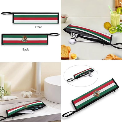 COEQINE Mexico Flag Themes Utensil Holder Case Fork Spoon Knife Organizer Tableware Storage Case With Zipper Handles Portable Lightweight Travel Outdoor Silverware Bags for Women Men Independence Day