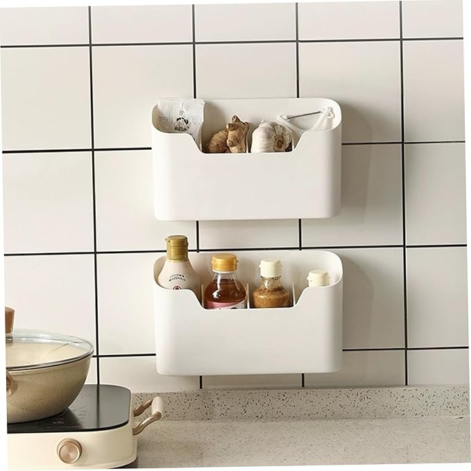 Cabinet Door Organizer 2PCS Plastic Adhesive Inside Door Storage Box Stackable Cabinet Organizer for Kitchen Bathroom Pantry Office Table Space Saving Mounted Containers, White