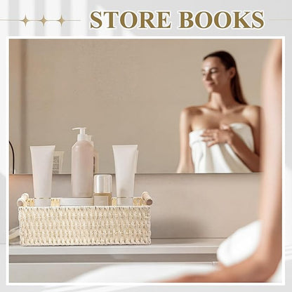 Boao 3 Pcs Boho Storage Wicker Baskets Handmade Woven Decorative Paper Rope Baskets for Organizing with Handle Countertop Toilet Paper Storage Container for Toilet Tank Top (Beige,Rectangle)