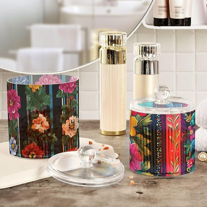 2 Pack Qtip Dispenser Apothecary Jars with Lids Cotton Round Holder Bathroom Canisters for Cotton Swab Floss Ball Pads Clear Plastic Decorative Fiesta Striped Mexican Flowers
