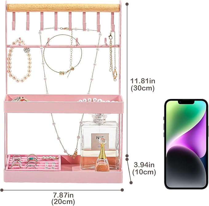 Lolalet 4-Tier Jewelry Organizer Stand with 12 Hooks, Necklace Bracelet Ring & Sunglasses Holder, Cute Metal Jewelry Storage Rack for Vanity, Dresser or Entryway, No Assembly -Pink