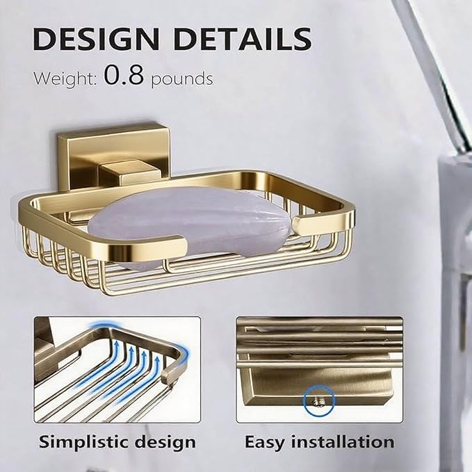 SEIDO Gold Soap Dish for Shower, 304 Stainless Steel Double-Locking Soap Holder, Wall Mount Soap Bar Holder for Shower, Hollowed-Out Drainage, 4.8" L x 3.2" W Internal, for Soap, Sponge, Keys