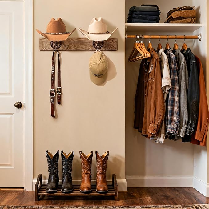 Cowboy Hat Rack for Wall Rustic Metal Cowboy Hat Holder 2 Pack Hat Hanger Western Wall Decor Horseshoe Hooks Storage Display Closet Bedroom Living Room Western Gift Antique Bronze