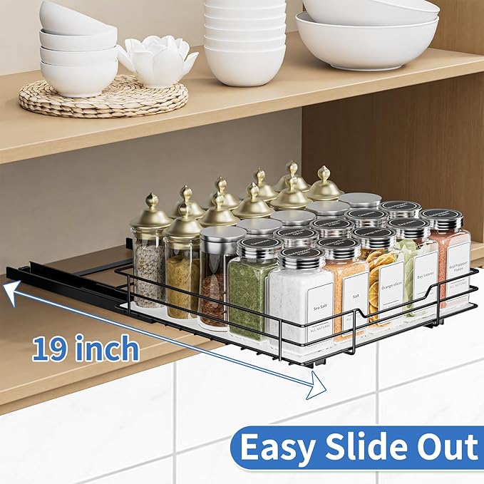 BOIVSHI Pull Out Spice Rack, Slide Out Spice Rack for Cabinet, Spice Organizer for Kitchen and Pantry, Fits Spices, Sauces, Canned Food (10.5''Wx10.5''Dx2.5''H)