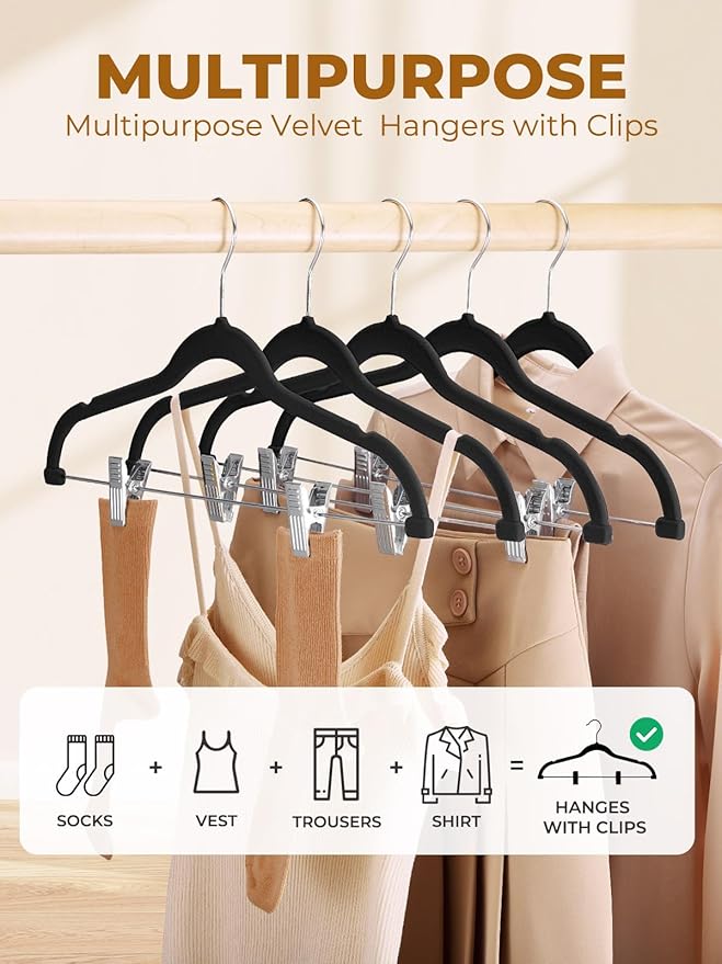 HOUSE DAY Black Velvet Hangers 60 Pack, Premium Clothes Non-Slip Felt Hangers, Velvet Skirt Hangers 24 Pack, Black Velvet Hangers with Adjustable Clips
