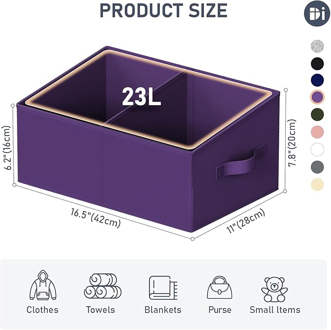 DIMJ Large Closet Shelf Organizer Bins 6 Packs with Handles and Divider, Fabric Trapezoid Storage Baskets, Foldable Clothes Containers Box for Shelf, Towel, Book, Toy, Purse, Hats, Purple