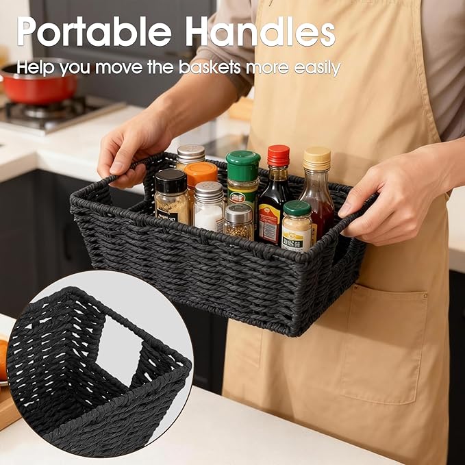 Paper Rope Storage Baskets for Shelves Organizing, Small Hand Woven Wicker Organizer Basket with Handle for Bathroom Toilet Paper Storage, Black, 3-Pack