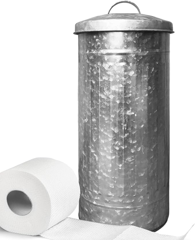 Autumn Alley Farmhouse Galvanized Metal Free Standing Toilet Paper Holder Organizer Stand Canister with Lid – Fits 3 Mega Rolls, Rustic Enclosed Toilet Storage Stand