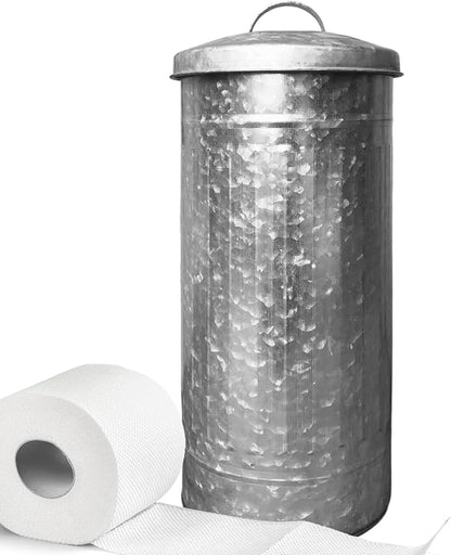 Autumn Alley Farmhouse Galvanized Metal Free Standing Toilet Paper Holder Organizer Stand Canister with Lid – Fits 3 Mega Rolls, Rustic Enclosed Toilet Storage Stand