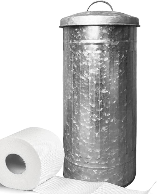 Autumn Alley Farmhouse Galvanized Metal Free Standing Toilet Paper Holder Organizer Stand Canister with Lid – Fits 3 Mega Rolls, Rustic Enclosed Toilet Storage Stand