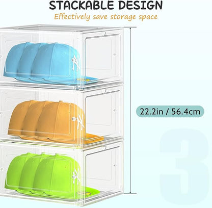SCAVATA 6 Pack Hat Organizer Box, Stackable Clear Baseball Caps Holder Box Containers with Magnetic Door for Hats Snapback Cap Storag, Hat Rack Display Case, Holds 8 Hats Each (Clear)
