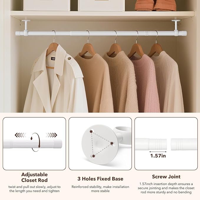 SUTINE Closet Rod, Closet Rods for Hanging Clothes, 17 to 37 inch Adjustable Ceiling/Wall mounted Closet Hanging Rod, Heavy Duty Clothes Rod Clothing Bar, Closet Poles for Hanging Clothes for Wardrobe