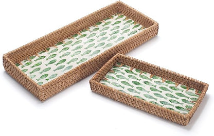2 Pack Rattan Bathroom Vanity Tray with Mother of Pearl Inlay, Toilet Tank Tray, Toilet Basket Tank Topper, Bathroom Basket for Organizing and Decor (Green Fish)