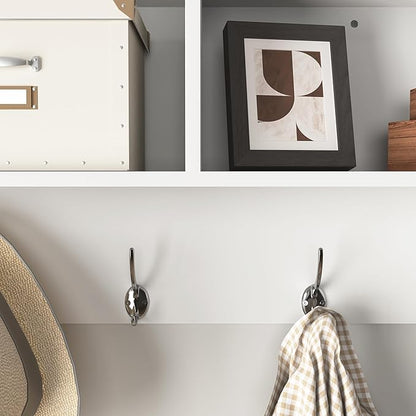 Wall Mounted Coat Rack with 4 Hooks & 3 Shelves, White MDF Entryway Storage, 38.6" Long, Easy Installation