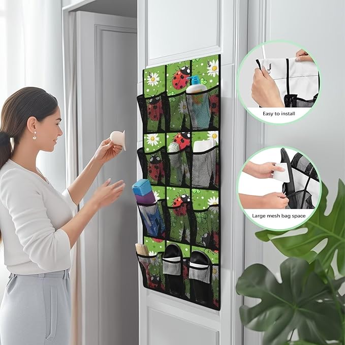 Door Organizer Hanging, Ladybug Collapsible Over the Door Shoe Rack 12 Pocket Waterproof Space Saving Door Hanging Storage for St Patrick‘s Day Wall Door Home Decor